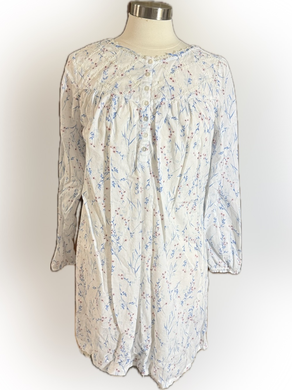 Adonna White Floral Cotton Night Chemise with Light Blue & Pink Sprigs